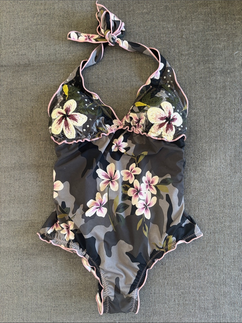NWT Despi beaded embroidered floral one piece. Brazilian bottom, size small.